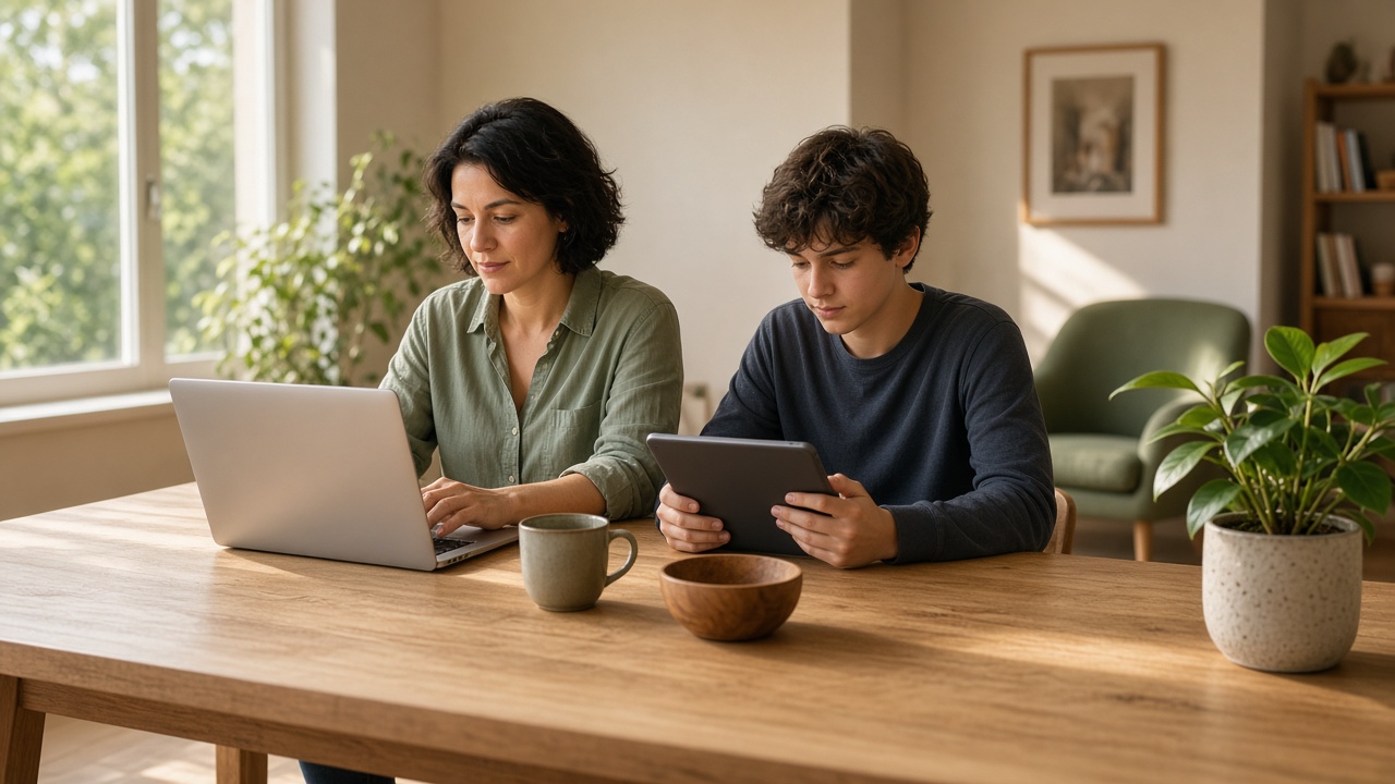People working on a laptop and tablet in a sunlit home office